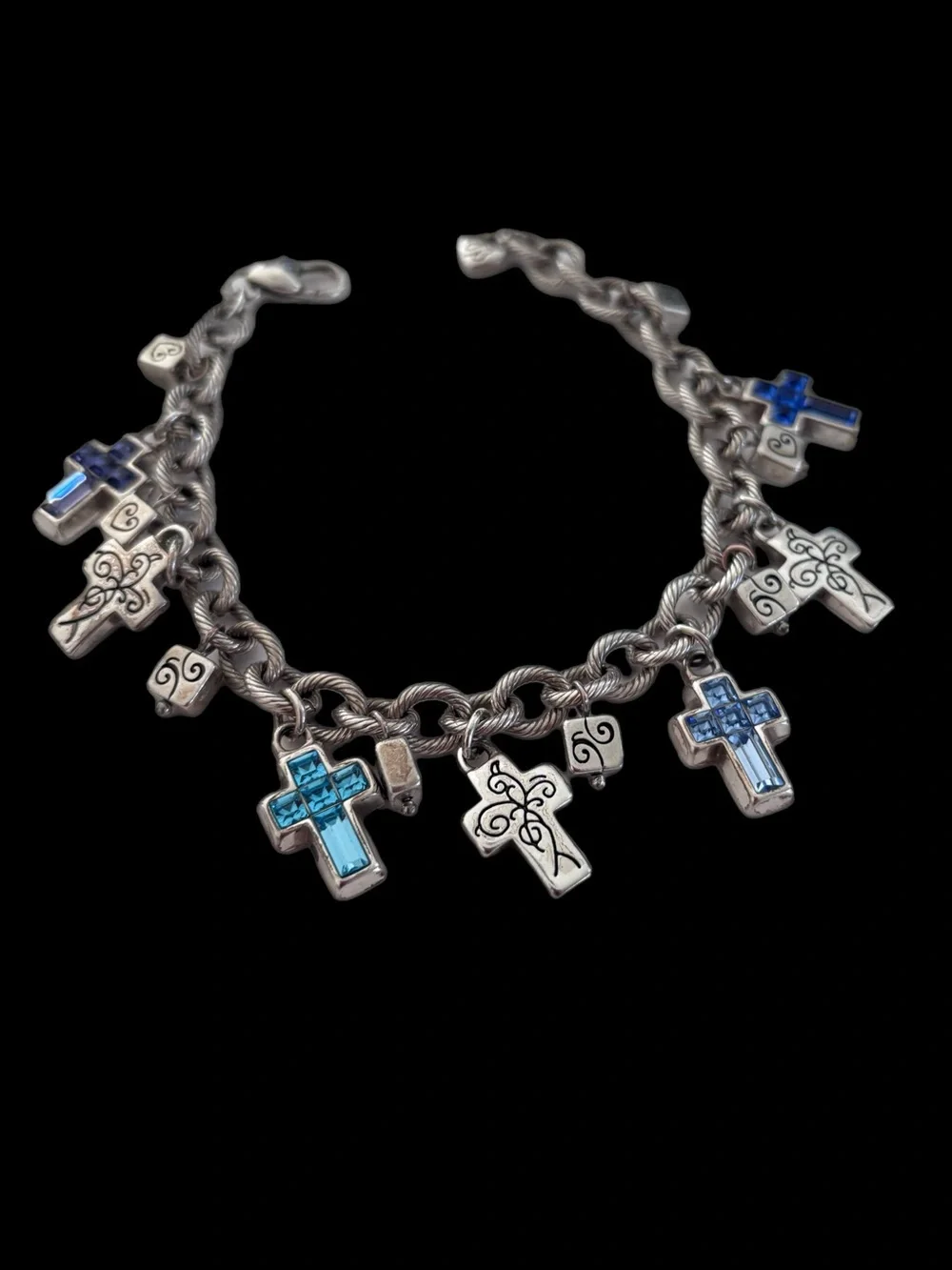 Brighton Purity Silver Tone Cross Bracelet ~Blue, Purple Crystals~ 8
